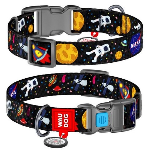 Collar WauDog Nylon Obroża nylonowa z QR-paszportem, plastikowy fastex, wzór NASA, 15mm/25-35cm